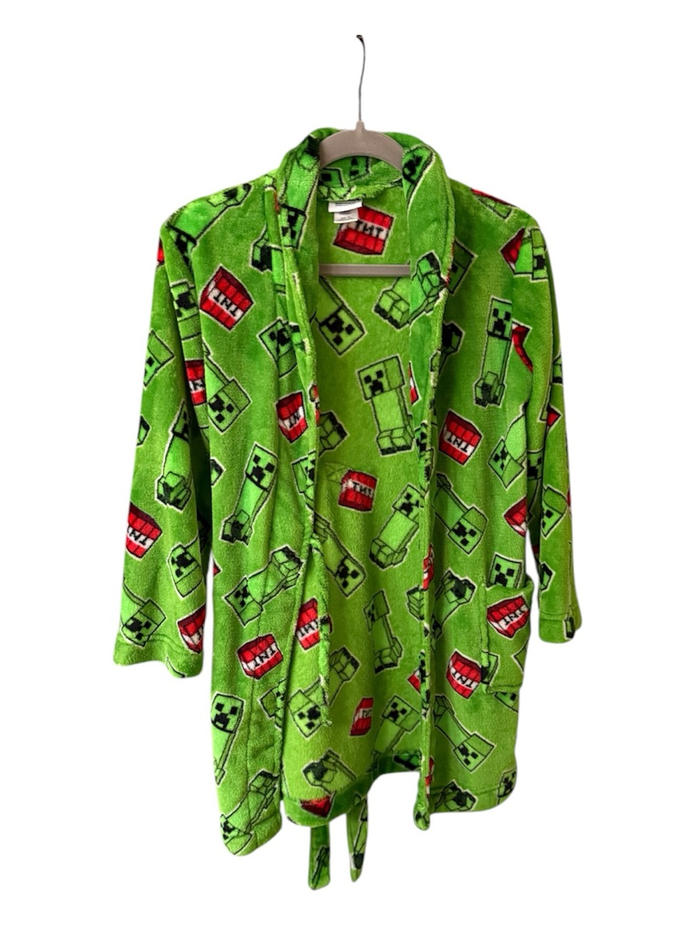 Minecraft Creeper Robe Size 12 Green Fleece Bathrobe w/ Pockets & Tie Waist